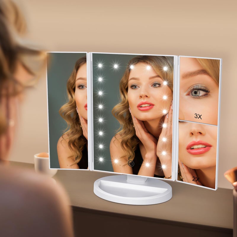 WEILY Makeup Vanity Mirror with 21 LED Lights and Touch Screen, Tri-Fold 1x 2X 3X Magnification,180Â° Adjustable Rotationand USB Powered,Countertop Cosmetic Makeup Mirror (White) - Image 2